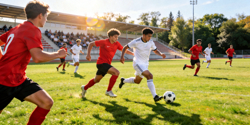户外绿地上进行团队足球比赛的场景